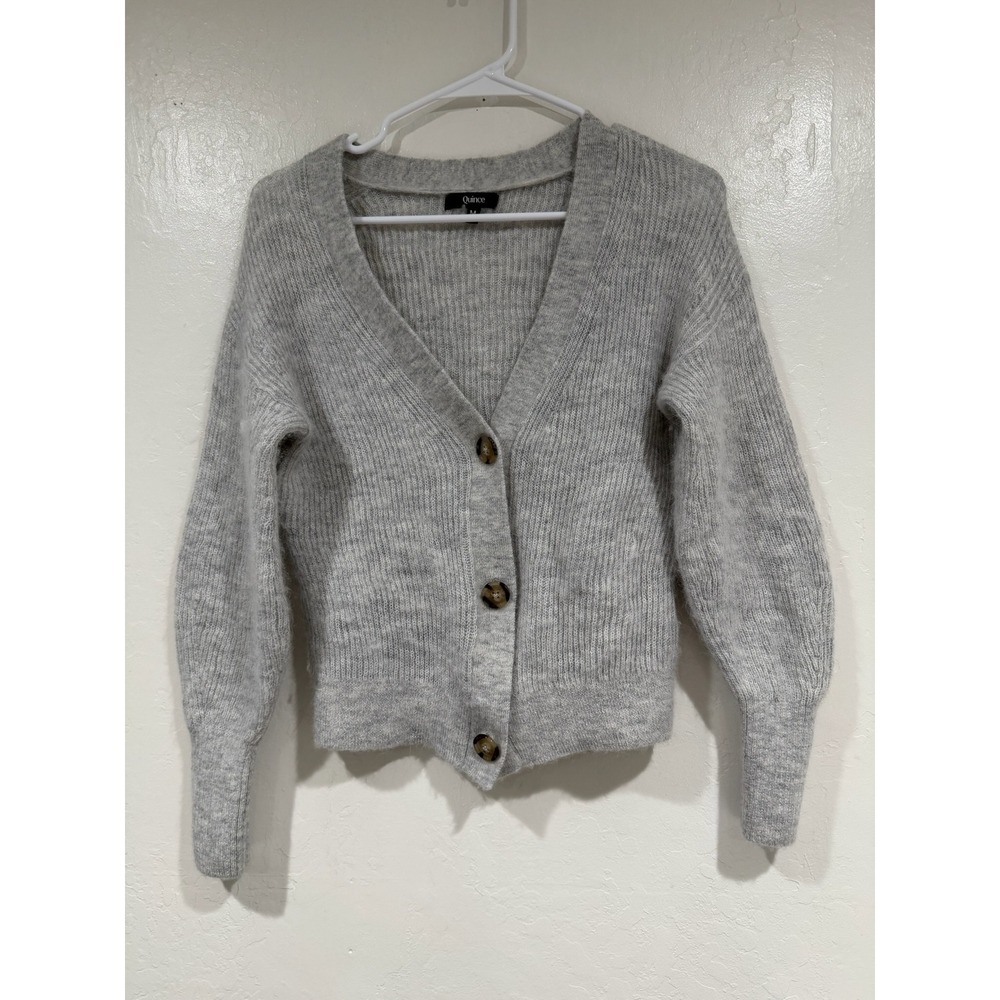 Quince Alpaca Wool Blend Ribbed Cardigan Sweater Light Gray Size Medium - Picture 2 of 6